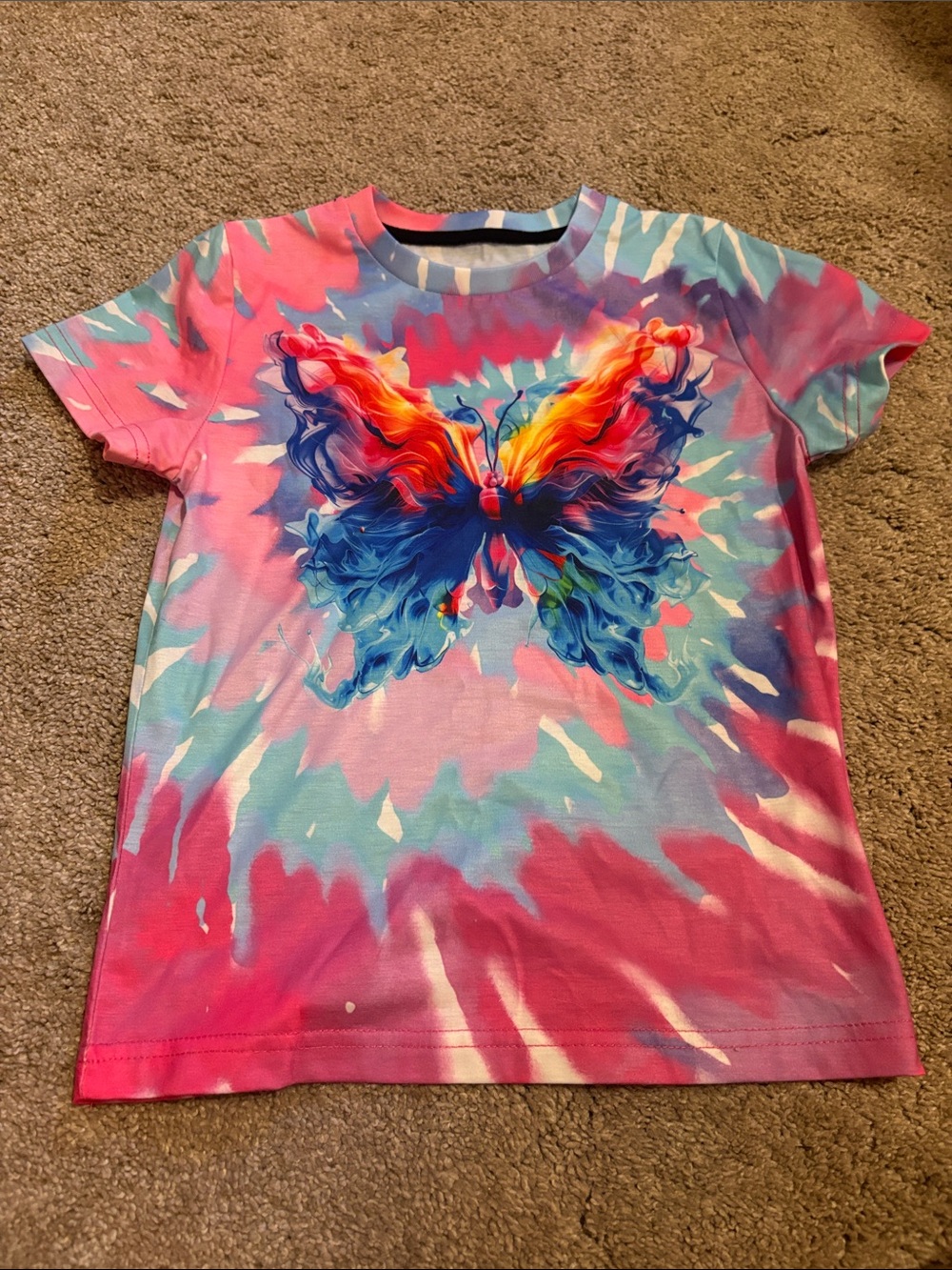 Girls' Pink & Blue Butterfly Tie-Dye Short Sleeve Tee